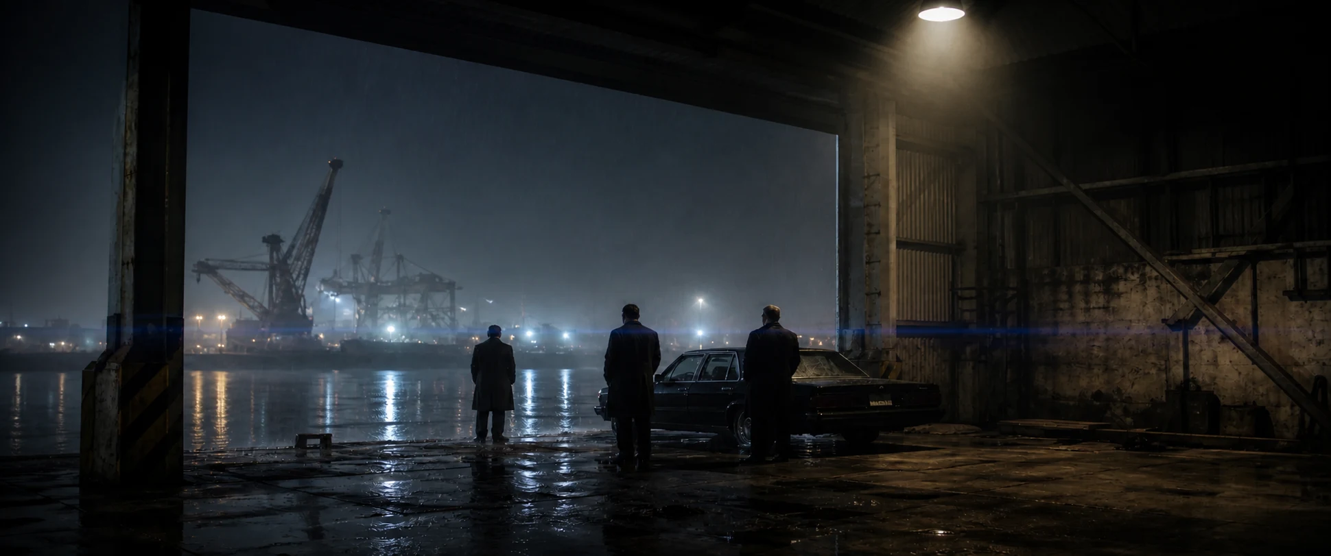Three men stand in a rain-darkened warehouse at the Port of Cork.